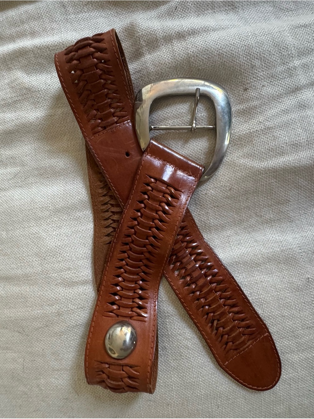 Vintage Brown Woven Leather Belt with Silver Buckle